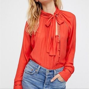 FREE PEOPLE Orange Boho Long Sleeve Roam Wild Button Tie Blouse New​